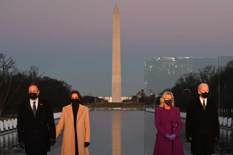 The president, vice president and their spouses at the Lincoln Memorial Covid ceremony in January 2021.
