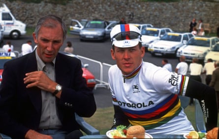 Phil Liggett interviews Lance Armstrong on camera at Dover Castle before stage four of the 1994 Tour.