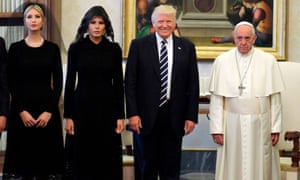 Pope Francis with US President Donald Trump, First Lady Melania Trump and the daughter of US President Donald Trump Ivanka Trump at the end of a private audience at the Vatican on May 24, 2017