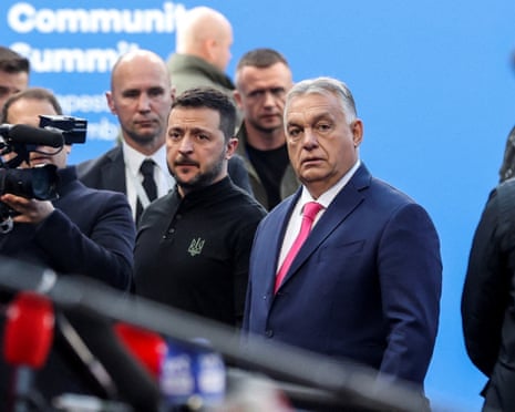 Ukraine's president Volodymyr Zelenskyy and Hungarian prime minister Viktor Orbán attend the European Political Community Summit at the Puskás Arena, in Budapest, Hungary in 2024.