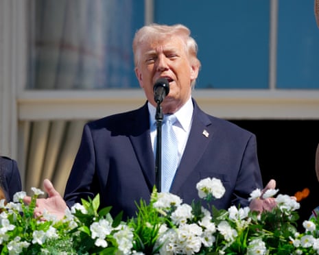 Trump makes remarks on the South Portico as he and first lady Melania Trump host the 2026 White House Easter egg roll, 6 April 2026.