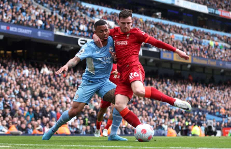 Andy Robertson gets to grips with Manchester City’s Gabriel Jesus during Sunday’s draw.