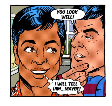 Illustration in the style of Liechtenstein of two men, one saying, 'You look well' and the other saying, 'I will tell him … maybe'