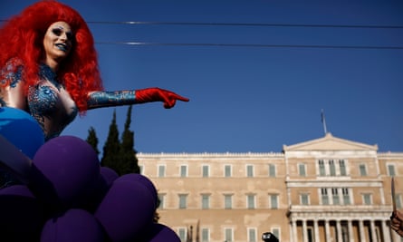 A drag queen in front of the Greek parliament during the Athens pride parade.