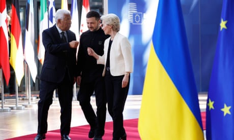 APTOPIX Belgium Europe Summit<br>From left, European Council President Antonio Costa, Ukraine's President Volodymyr Zelenskyy and European Commission President Ursula von der Leyen arrive for an EU Summit at the European Council building in Brussels, Thursday, March 6, 2025. (AP Photo/Omar Havana)