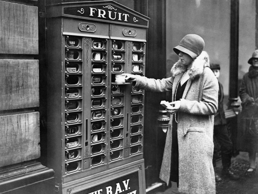 A vending machine in London circa 1920.