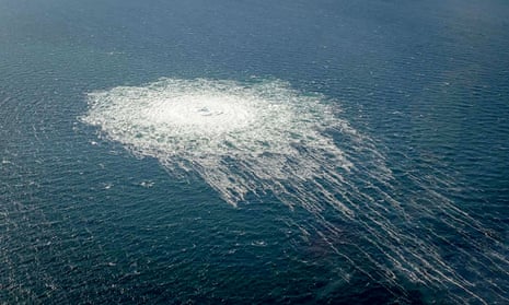 An area of bubbling white foam on the the surface of the Baltic Sea caused by the gas leak