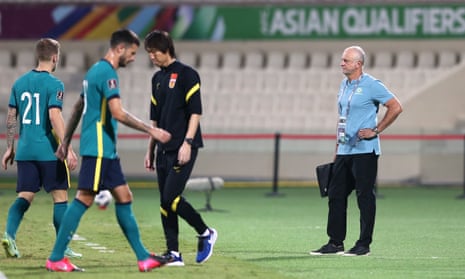 Australia’s coach, Graham Arnold, shows his frustration after the match
