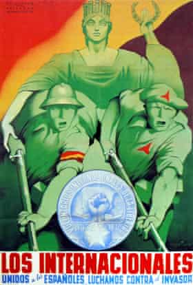 Republican propaganda poster ‘Los Internacionales’.Republican propaganda poster ‘Los Internacionales’ ‘United with the Spanish, we fight the Invader’), International Brigade volunteers from Russia and Germany in front of a figure representing freedom. 1937. (Photo by: Photo 12/ Universal Images Group via Getty Images)