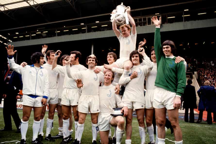 Peter Lorimer (third right) celebrates with his Leeds teammates after winning the FA Cup in 1972.