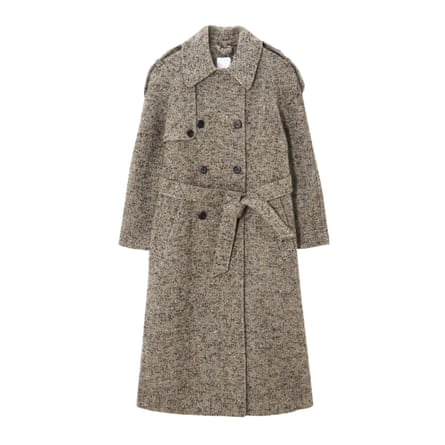 A long grey wool blend herringbone trenchcoat on a white background