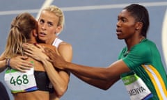 Olympic Games 2016 Athletics, Track and Field<br>epa05504146 Caster Semenya (R) of South Africa reacts next to Melissa Bishop (L) of Canada and Lynsey Sharp (C) of Britain after winning the women's 800m final of the Rio 2016 Olympic Games Athletics, Track and Field events at the Olympic Stadium in Rio de Janeiro, Brazil, 20 August 2016.  EPA/ANTONIO LACERDA