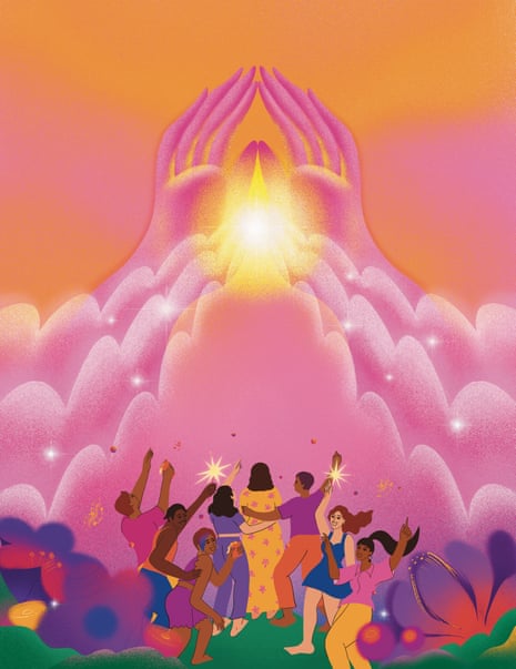 Illustration of people dancing as they head toward a pink mountain, which has hands cupping a light at the top