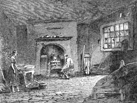 A man and a woman near a fireplace in their cellar home in 1838 illustration.