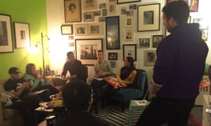 People gather at Le Resistance Salon in Manhattan to discuss the US constitution with Dipal Shah.