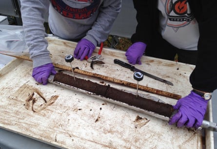 Researchers with a sample of peat from the Marcell Experimental Forest