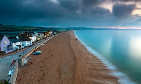 Slapton Sands, a narrow strip of land and shingle beach separating the freshwater lake of Slapton Ley from Start Bay.