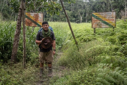 Indigenous leader Beto Marubo, in jungle hiking gear, on the southern boundary of the Javari Valley Indigenous territory in Mato Grosso state, Brazil.