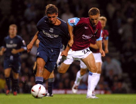 Mark Noble (right) making his West Ham debut in 2004 against Southend United