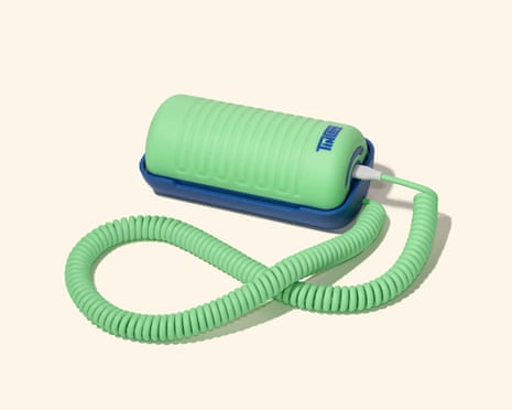 A green-and-blue version of the Tin Can phone, which has a curved back and an old-fashioned phone cord