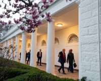 Trump walks with Sheikh Tahnoon bin Zayed Al Nahyan at the white house