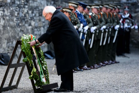 President Michael Higgins lays a wreath on the site where the 1916 leaders were executed in Kilmainham gaol