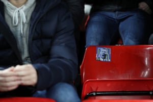 A sticker picturing Everton’s assistant manager Duncan Ferguson is attached to a seat inside Anfield.