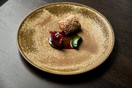 Voyage’s aged venison with a slice of salt-baked beetroot, another slice of raw beetroot, and a puree of spinach, parsley and juniper.