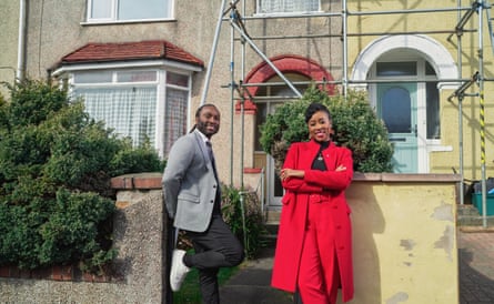 Stuart and Scarlette Douglas pictured outside a house with scaffolding in Bristol for Worst House on the Street.