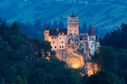 Illuminated castle on hill, Bran, Transylvania