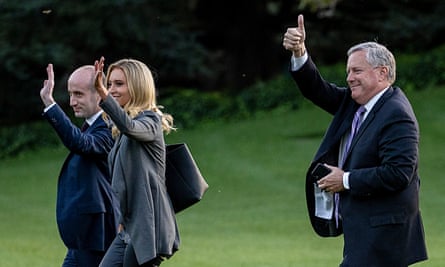 Adviser Stephen Miller, the White House press secretary, Kayleigh McEnany, and chief of staff, Mark Meadows, on the south lawn of the White House.