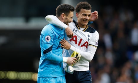 Tottenham’s Dele Alli celebrates after the match with Hugo Lloris