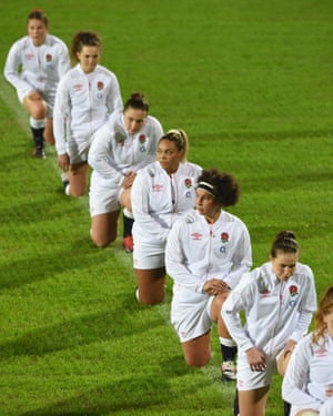 Brown takes a knee in support of Rugby against Racism during the Women’s Six Nations match between Italy and England on November 01, 2020 in Parma, Italy. Football Stadiums around Europe remain empty due to the Coronavirus Pandemic as Government social distancing laws prohibit fans inside venues resulting in fixtures being played behind closed doors (Photo by Chris Ricco - RFU/The RFU Collection via Getty Images)