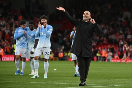 Enzo Maresca celebrating after Man City’s 3-0 win over Liverpool.