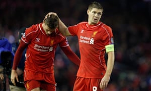 Steven Gerrard consoles Jordan Henderson after Liverpool’s Champions League exit in 2014. Gerrard backed his fellow midfielder in tough times.