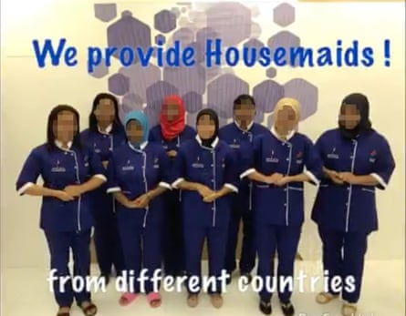 Advert shows eight women standing in a line wearing blue uniforms under a caption reading “We provide housemaids from different countries”