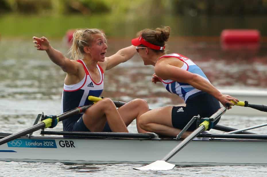 Sophie Hosking and Katherine Copeland celebrate gold on Britain’s Super Saturday in 2012.