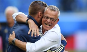 The Sweden coach, Janne Andersson, right, embraces the defender Pontus Jansson after the 1-0 win over Switzerland in the last 16 of the World Cup in Russia.