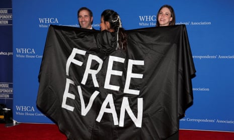 Washington Post reporter Vivian Salama wears a cape reading ‘Free Evan’, referring to Evan Gershkovich, on the red carpet for the White House correspondents’ dinner in Washington DC on 29 April. 