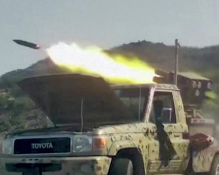 A screengrab from video footage released by Saudi-backed forces shows a rocket being fired during fighting west of the city of Taiz. A screengrab from video footage released by Saudi-backed forces shows a rocket being fired during fighting west of the city of Taiz.
