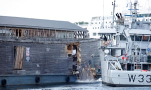 A view of the damage to replica of Noah’s ark after the run in with a coastguard ship.