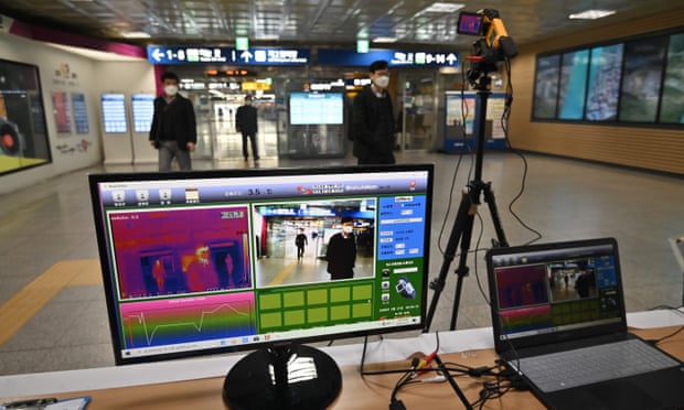 A thermal camera set up to monitor the body heat of passengers at a train station in Daegu.