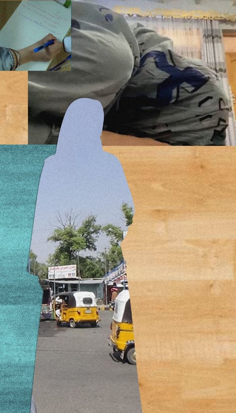 Cutout of an afghan woman, with notebooks and tuk-tuks