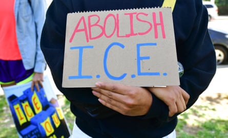 Activists gather in Los Angeles for a rally urging Joe Biden to abolish Ice.