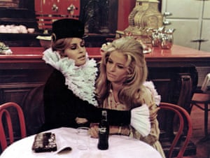 Raquel Welch as the eponymous transexual heroine, and Farrah Fawcett as Mary Ann Pringle in Myra Breckinridge, 1970