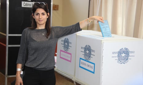 Virginia Raggi, Rome mayoral candidate for anti-establishment Five-Star Movement, casts her ballot for municipal elections.