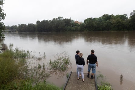 The swollen Hawkesbury River on Saturday afternoon. Rising water levels triggered overnight evacuations along the river on Sunday night.