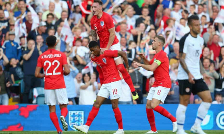 Marcus Rashford celebrates with England team-mates Phil Jones, Jordan Henderson and Trent Alexander-Arnold during Thursday’s friendly match against Costa Rica at Elland Road