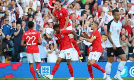 Marcus Rashford celebrates with England team-mates Phil Jones, Jordan Henderson and Trent Alexander-Arnold during Thursday’s friendly match against Costa Rica at Elland Road