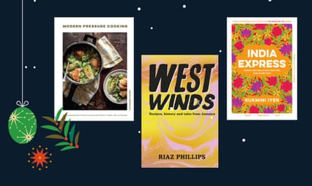 Three book jackets - Modern Pressure Cooking by Catherine Phipps, West Winds by Riaz Phillips and India Express by Rukmini Iyer - and an illustration of a bauble.